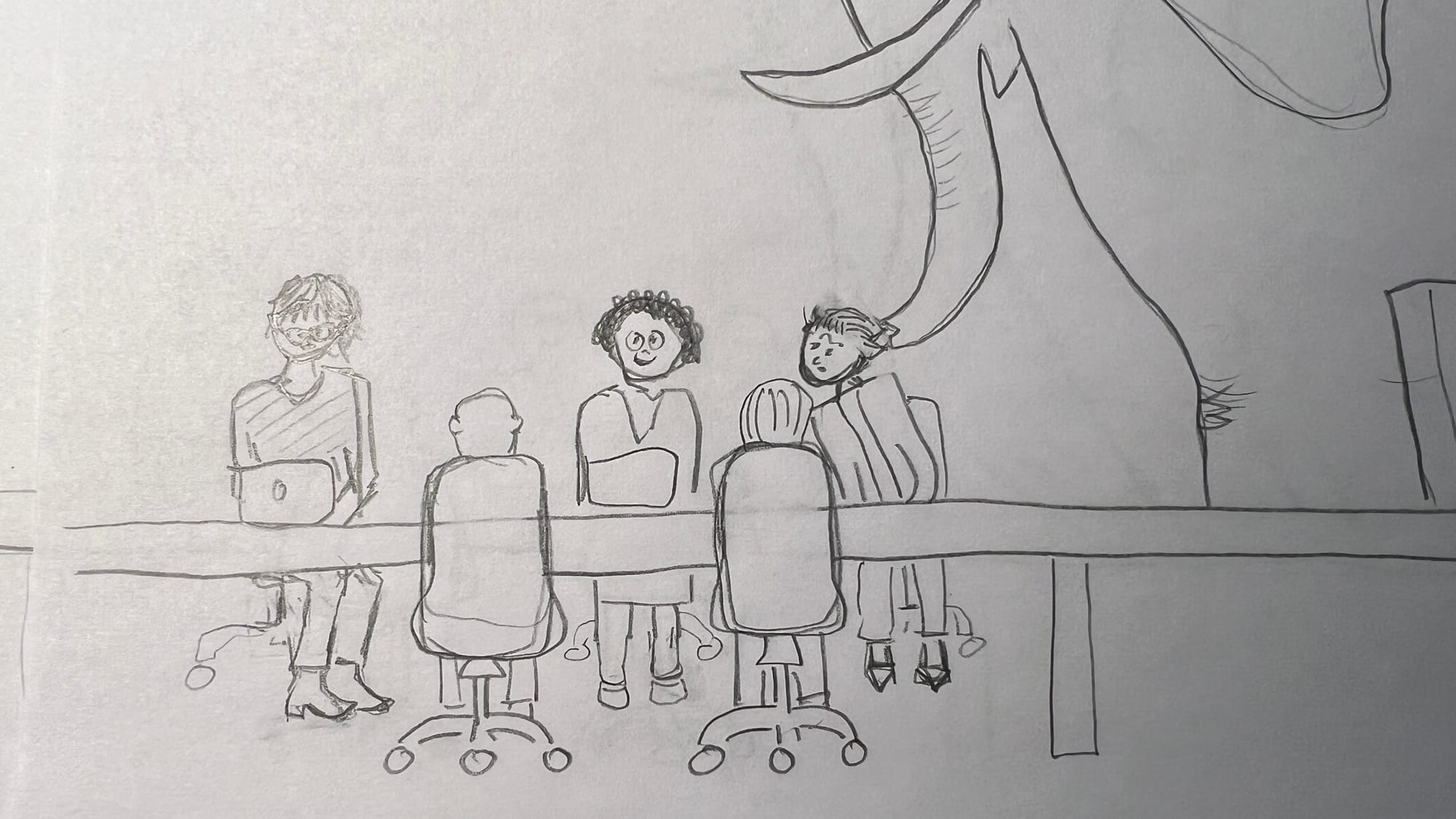 Third sketch of meeting folks. Can you tell which one is me?