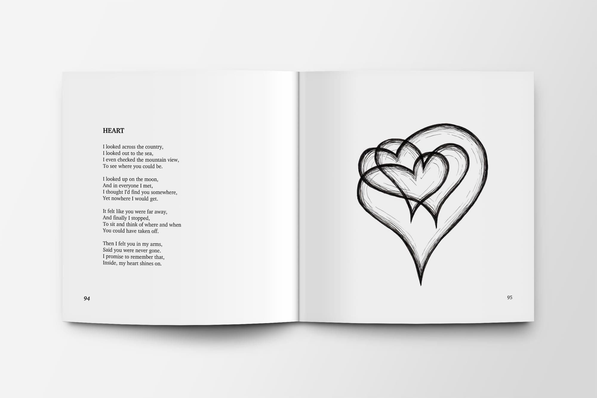 Open book spread from Poems for Breakfast featuring the poem ‘Heart' with a playful single line illustration of three hearts.