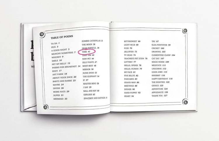 Table of contents from Poems for Breakfast book, highlighting the poem 'Time' among other playful and imaginative titles.