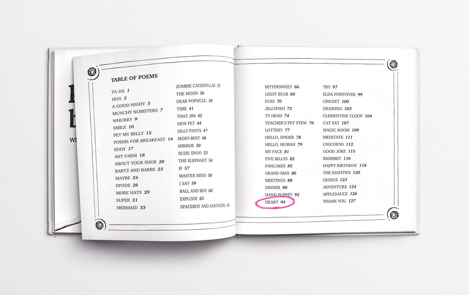 Table of contents from Poems for Breakfast book, highlighting the poem “Heart” among other playful and imaginative titles.